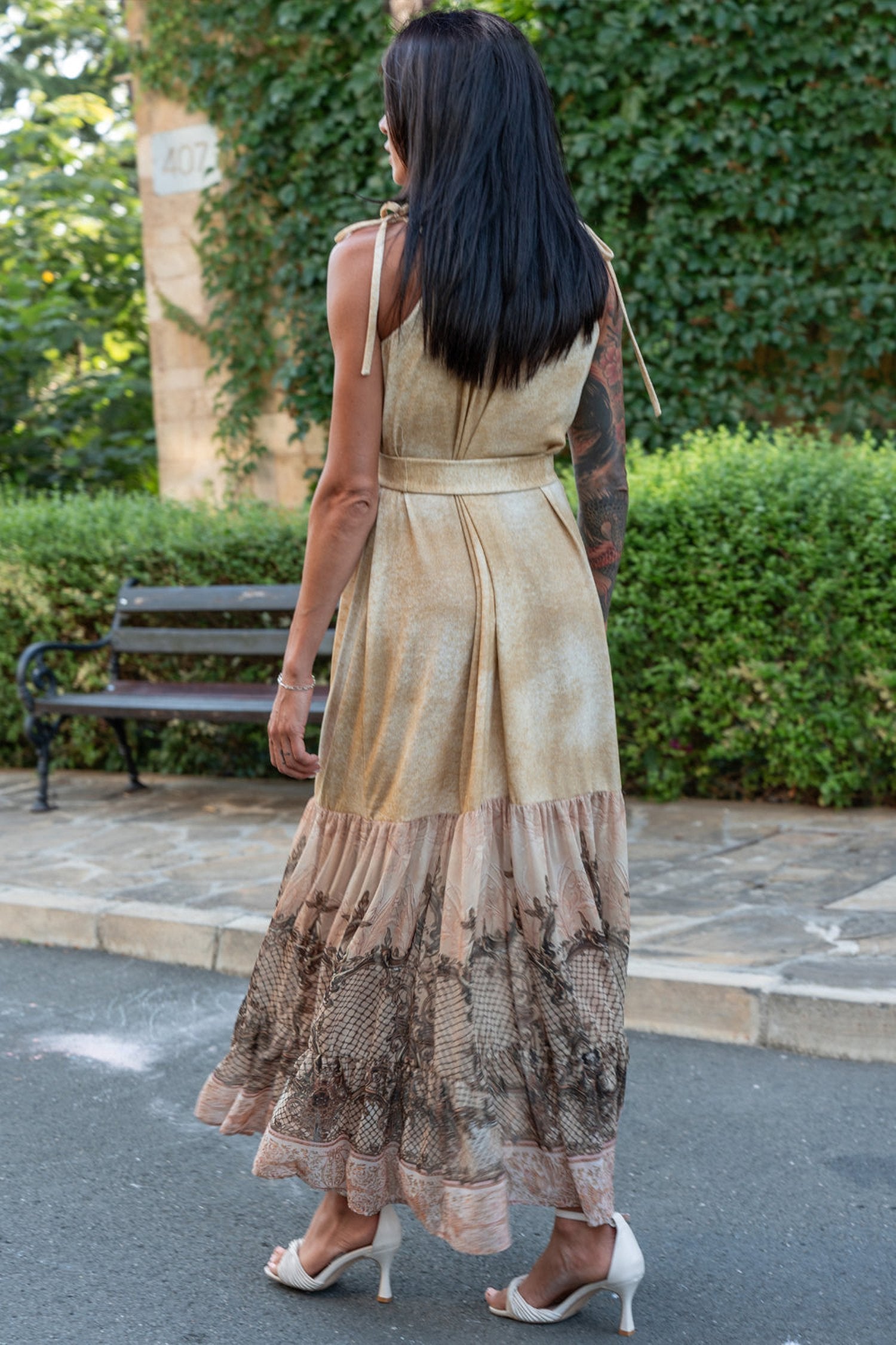 LONG COTTON DRESS WITH CHIFFON RUFFLES - BAROQUE FLOWERS