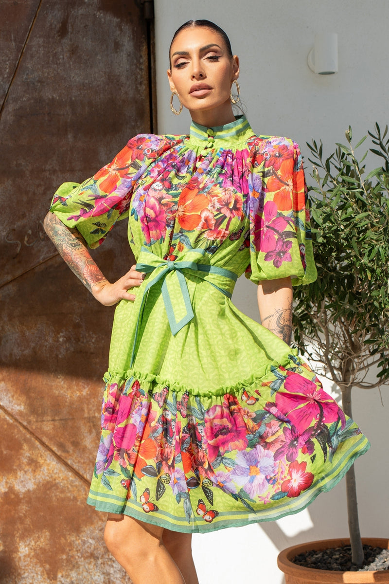 CHIFFON DRESS WITH PUFF SLEEVE - ACID GREEN LOGO