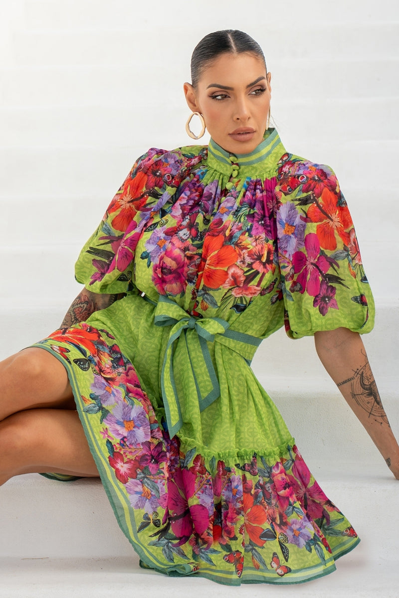 CHIFFON DRESS WITH PUFF SLEEVE - ACID GREEN LOGO