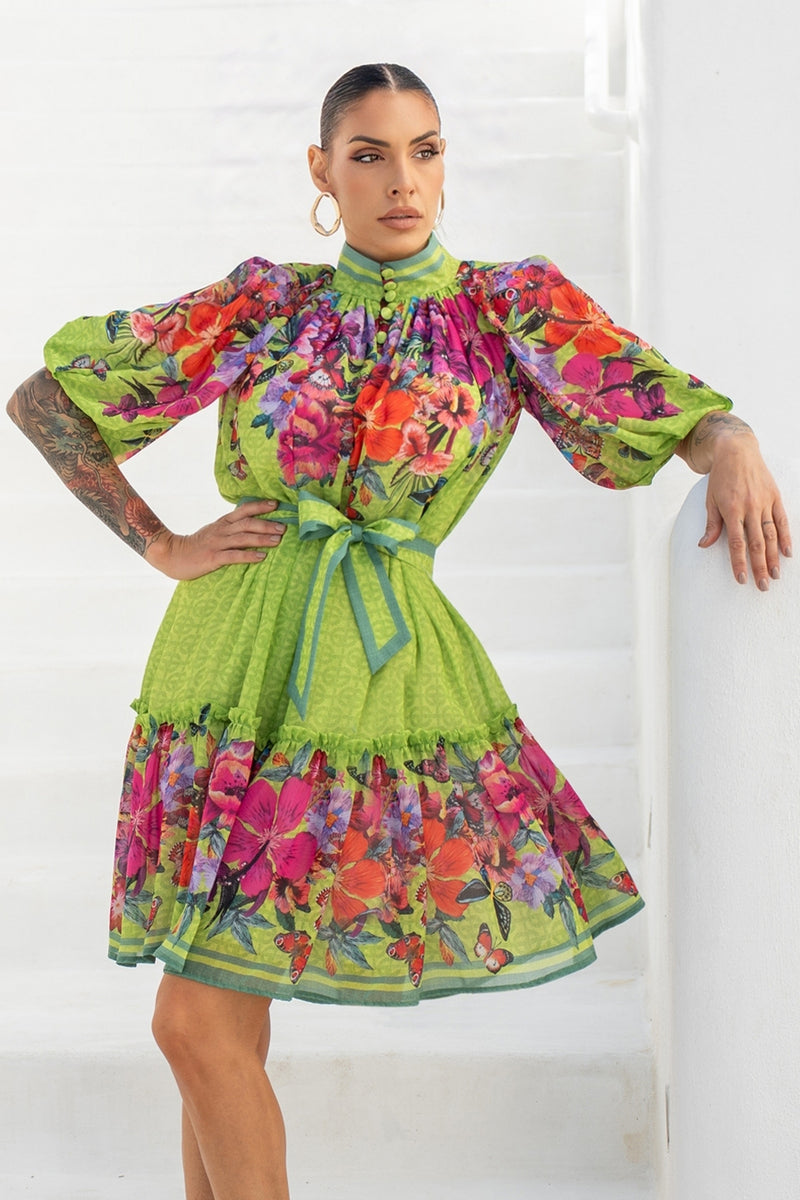 CHIFFON DRESS WITH PUFF SLEEVE - ACID GREEN LOGO
