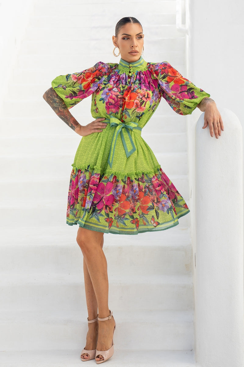 CHIFFON DRESS WITH PUFF SLEEVE - ACID GREEN LOGO