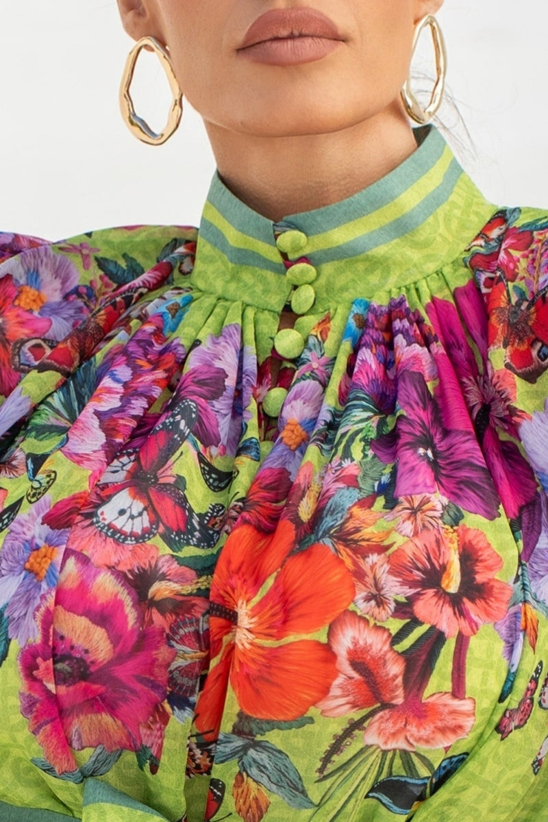 CHIFFON DRESS WITH PUFF SLEEVE - ACID GREEN LOGO