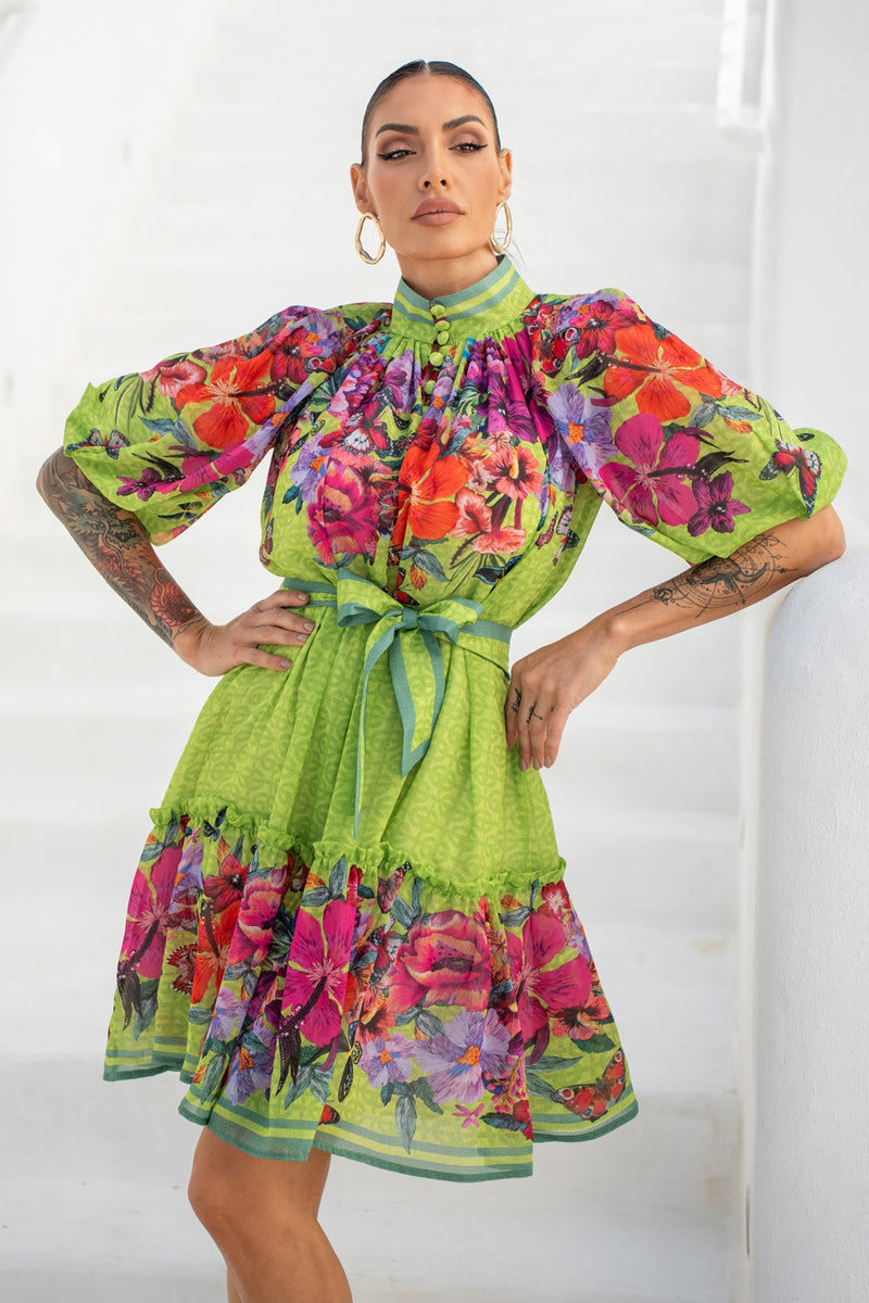 CHIFFON DRESS WITH PUFF SLEEVE - ACID GREEN LOGO