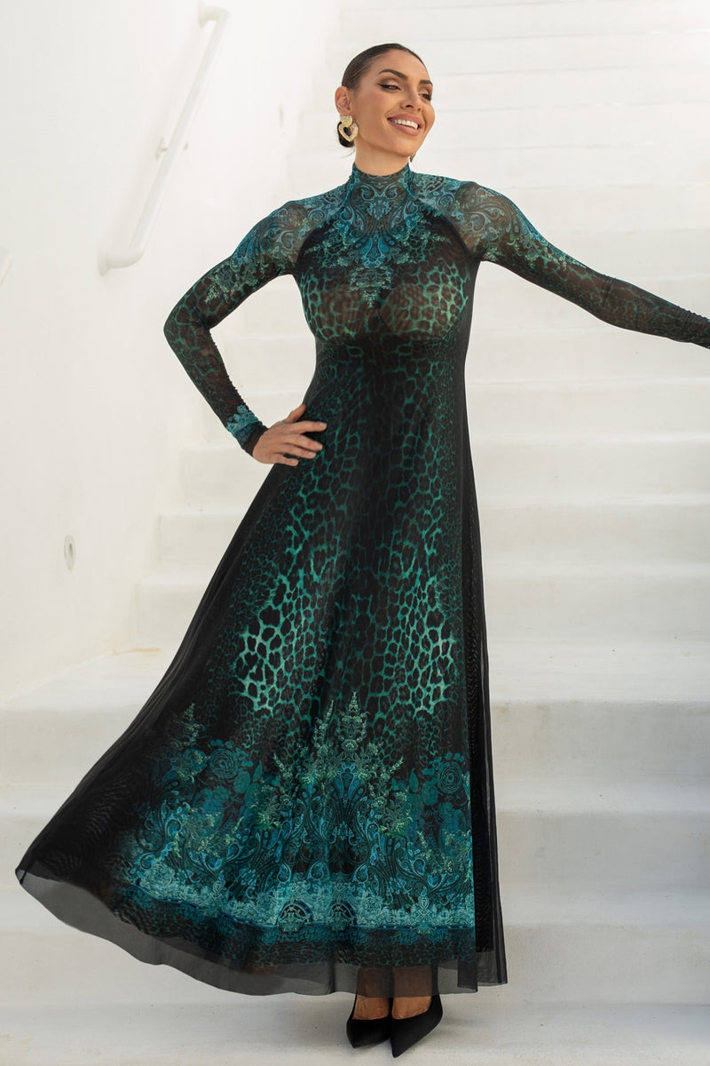 LONG FINE NET DRESS - LEO NEON GREEN