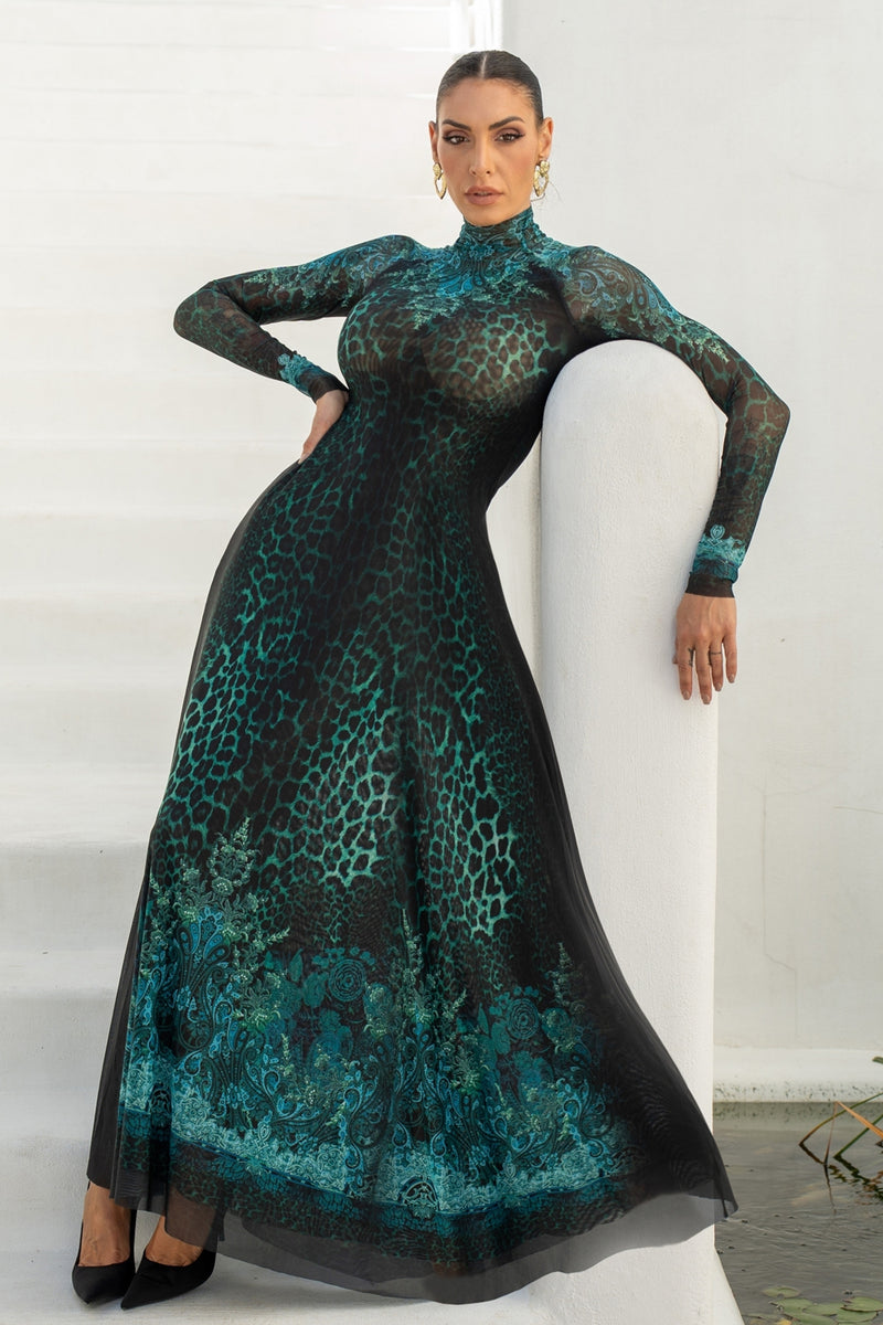 LONG FINE NET DRESS - LEO NEON GREEN JIORO ДЪЛГА РОКЛЯ ОТ ФИНА МРЕЖА - LEO NEON GREEN JIORO