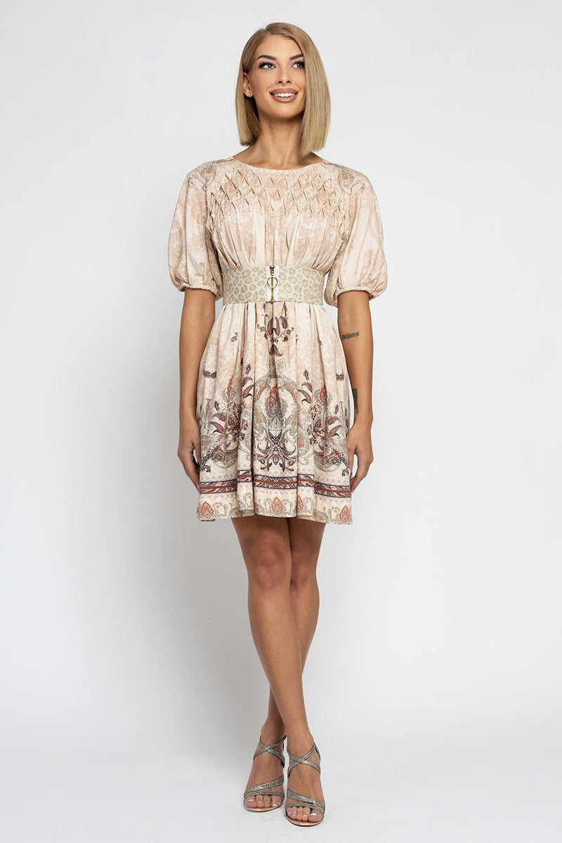 KLEID MIT STEHKRAGEN AUS LEINEN-VISKOSE - PAISLEY BEIGE