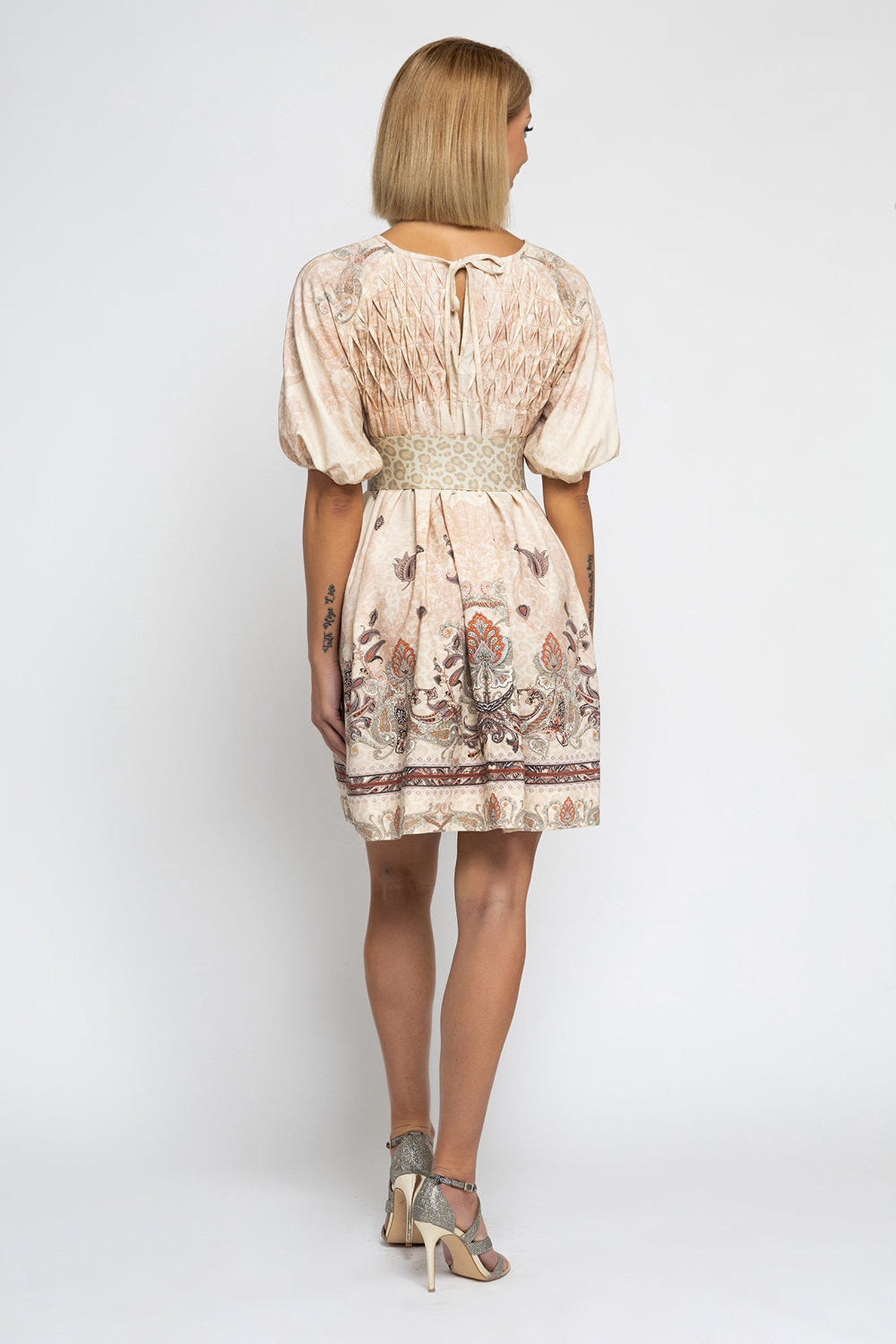 VESTITO CON TASCA IN LINO VISCOSA - PAISLEY BEIGE