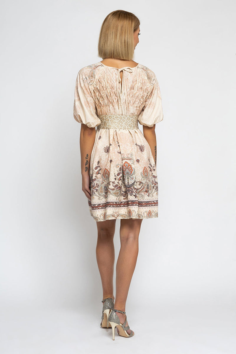 KLEID MIT STEHKRAGEN AUS LEINEN-VISKOSE - PAISLEY BEIGE