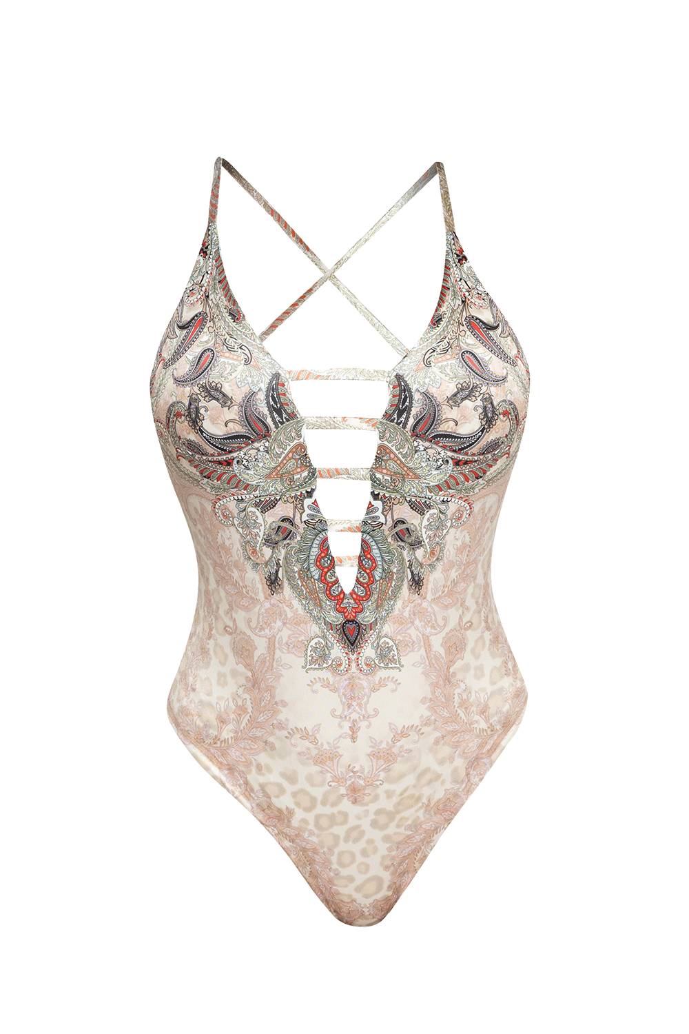 DEEP V-NECK SWIMSUIT – PAISLEY BEIGE