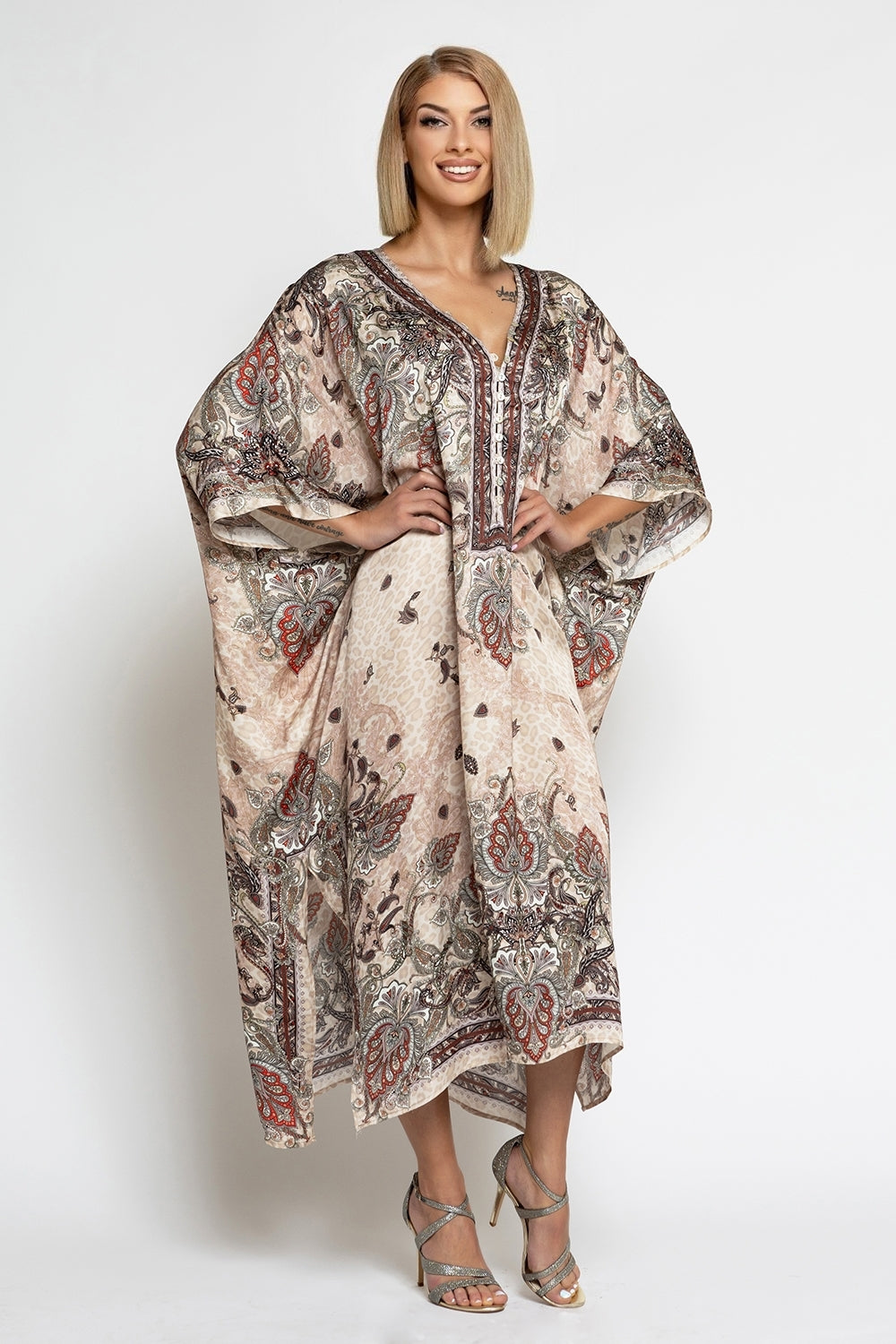 SATIN VISCOSE CAFTAN - PAISLEY BEIGE