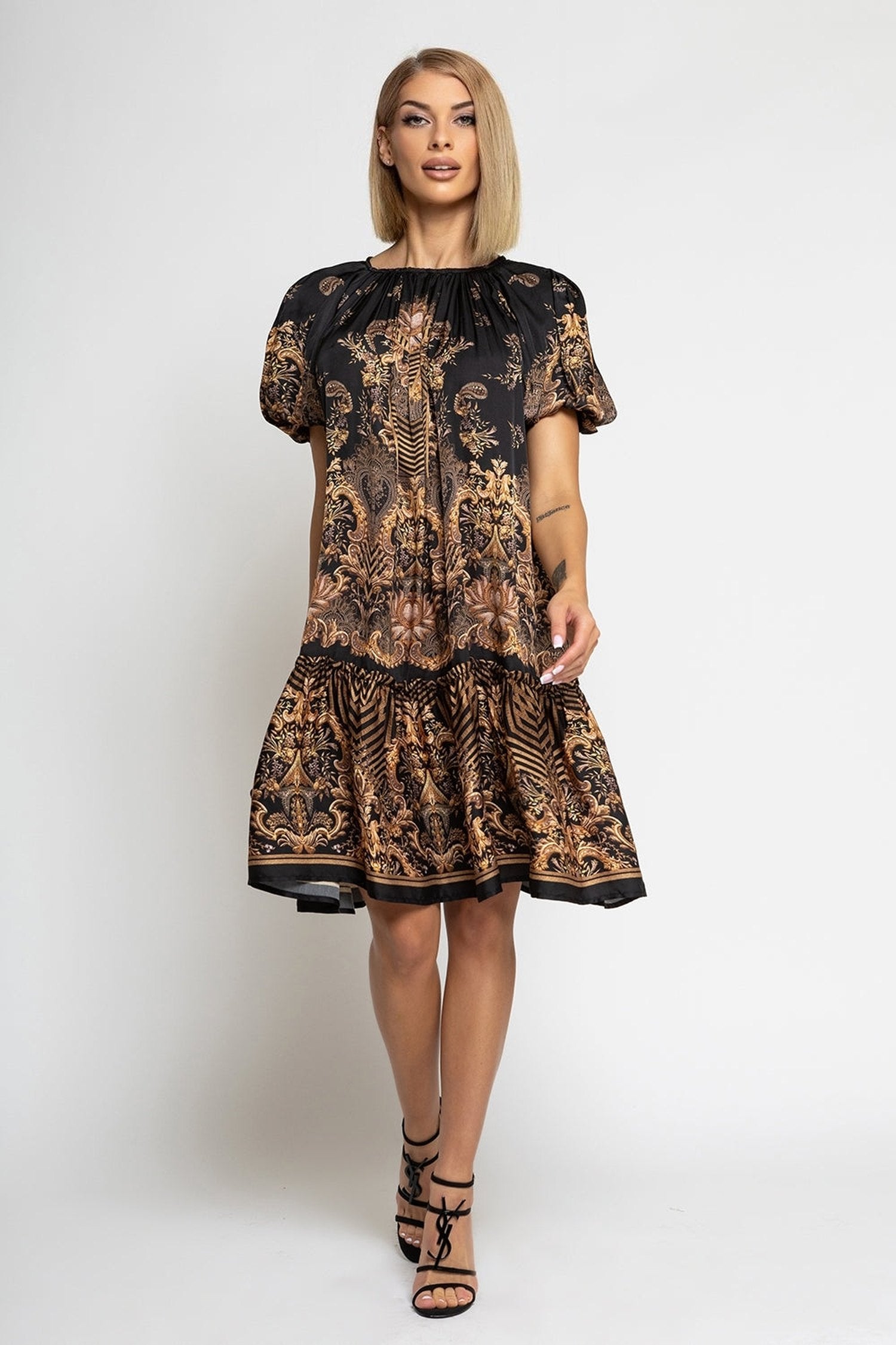 VISCOSE SATIN DRESS WITH PUFF SLEEVES - GOLDEN STRIPES