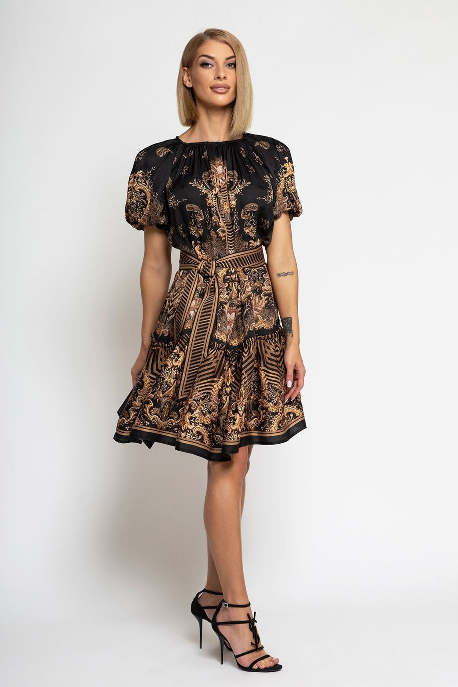 VISCOSE SATIN DRESS WITH PUFF SLEEVES - GOLDEN STRIPES