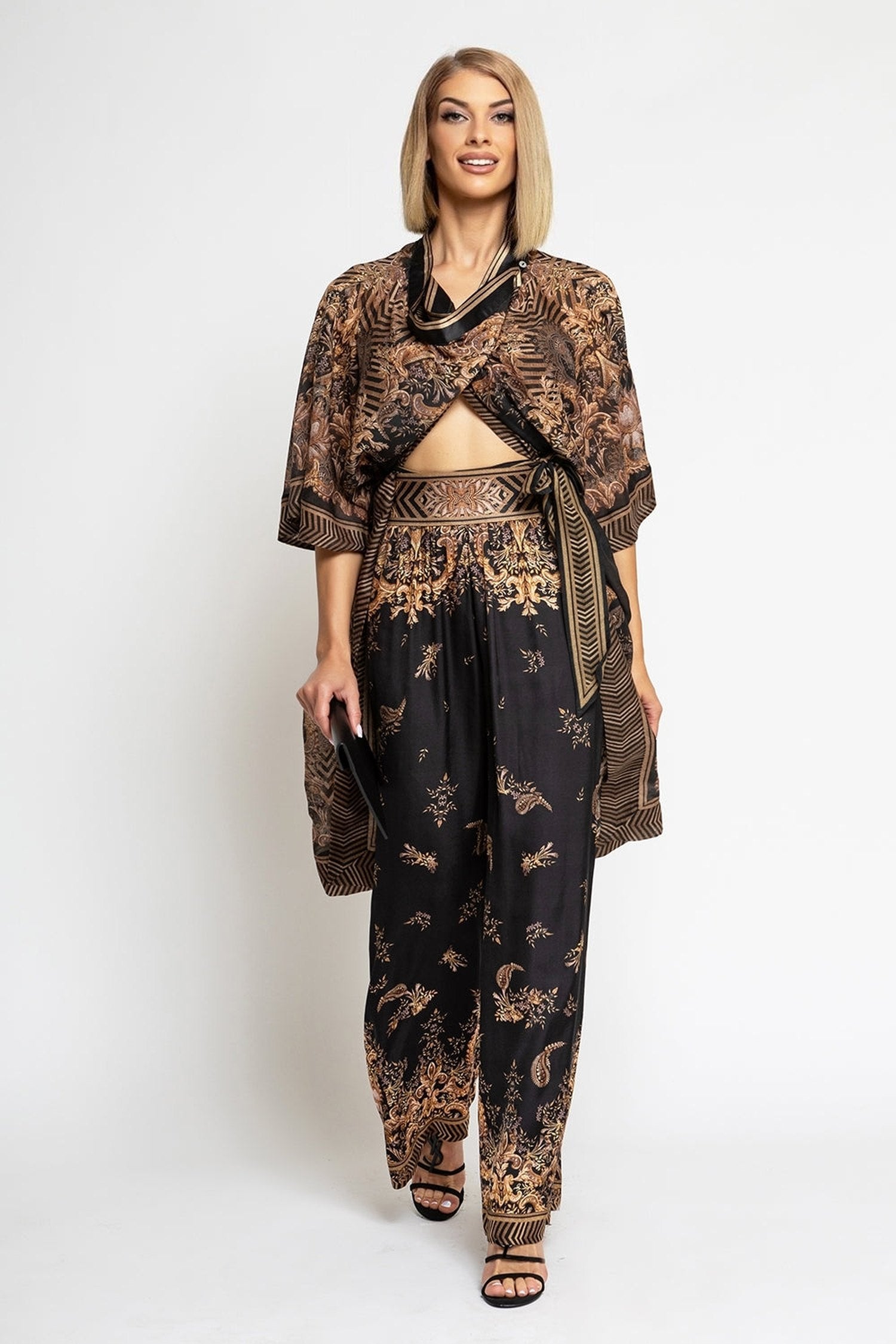 VISCOSE SATIN WIDE-LEG TROUSERS WITH ELASTIC WAIST - GOLDEN STRIPES