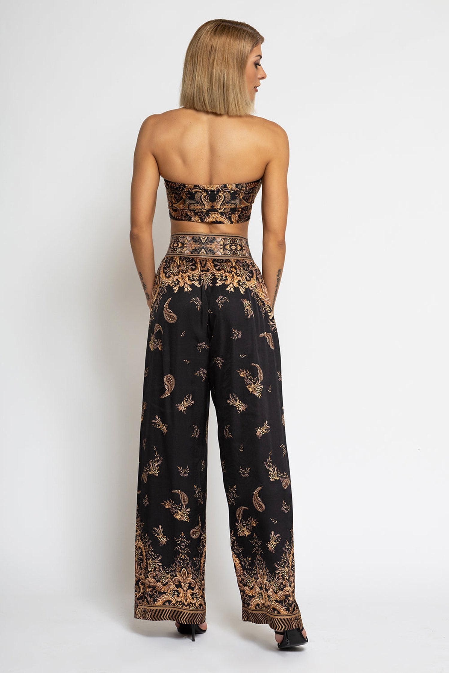 VISCOSE SATIN WIDE-LEG TROUSERS WITH ELASTIC WAIST - GOLDEN STRIPES