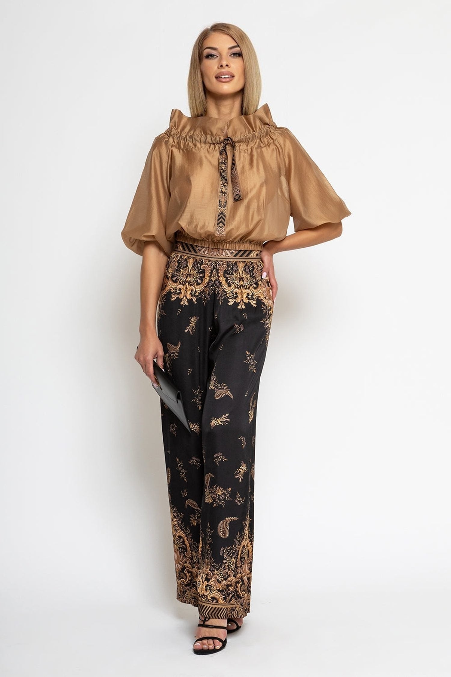 VISCOSE SATIN WIDE-LEG TROUSERS WITH ELASTIC WAIST - GOLDEN STRIPES