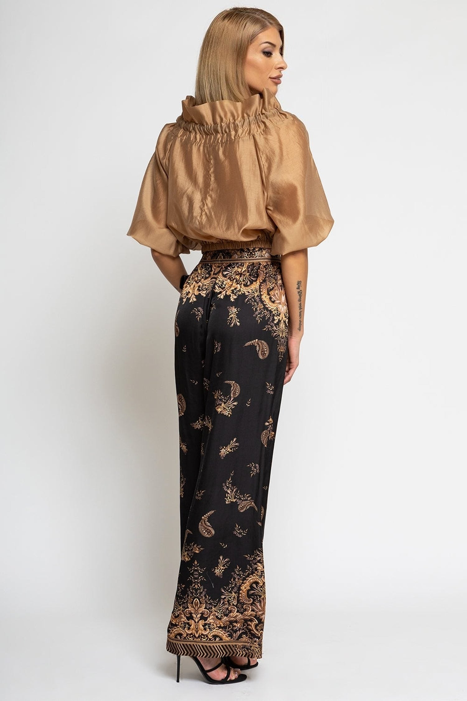 VISCOSE SATIN WIDE-LEG TROUSERS WITH ELASTIC WAIST - GOLDEN STRIPES