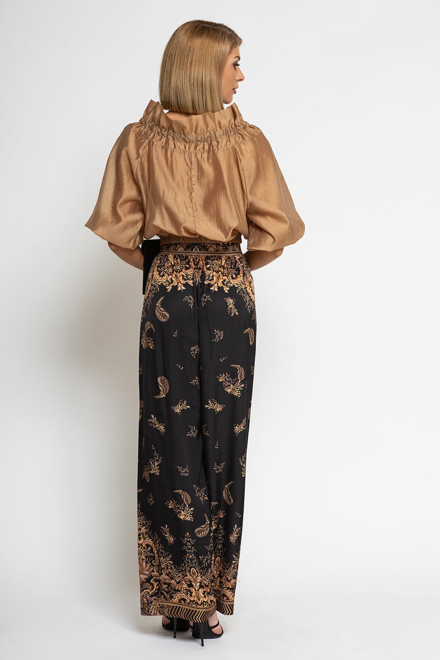 VISCOSE SATIN WIDE-LEG TROUSERS WITH ELASTIC WAIST - GOLDEN STRIPES