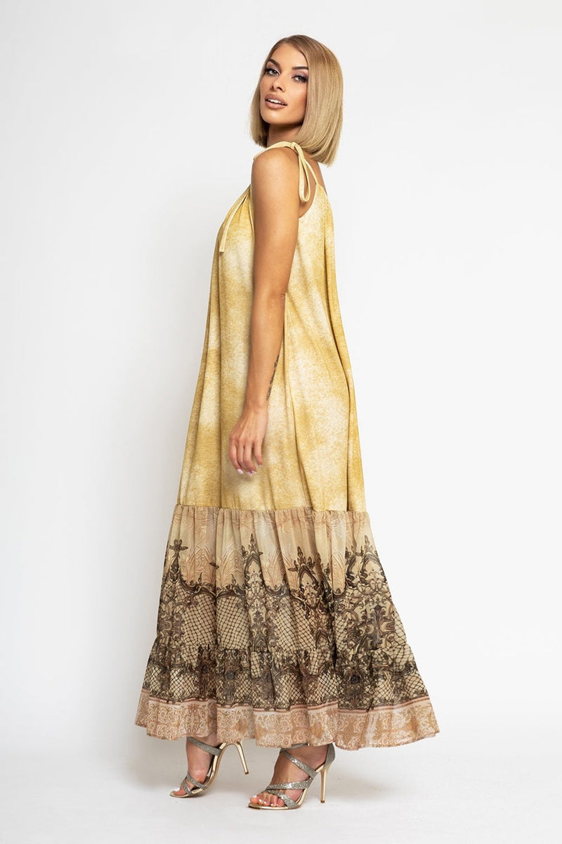ABITO LUNGO IN COTONE CON ROUCHES IN CHIFFON - FIORI BAROCCO
