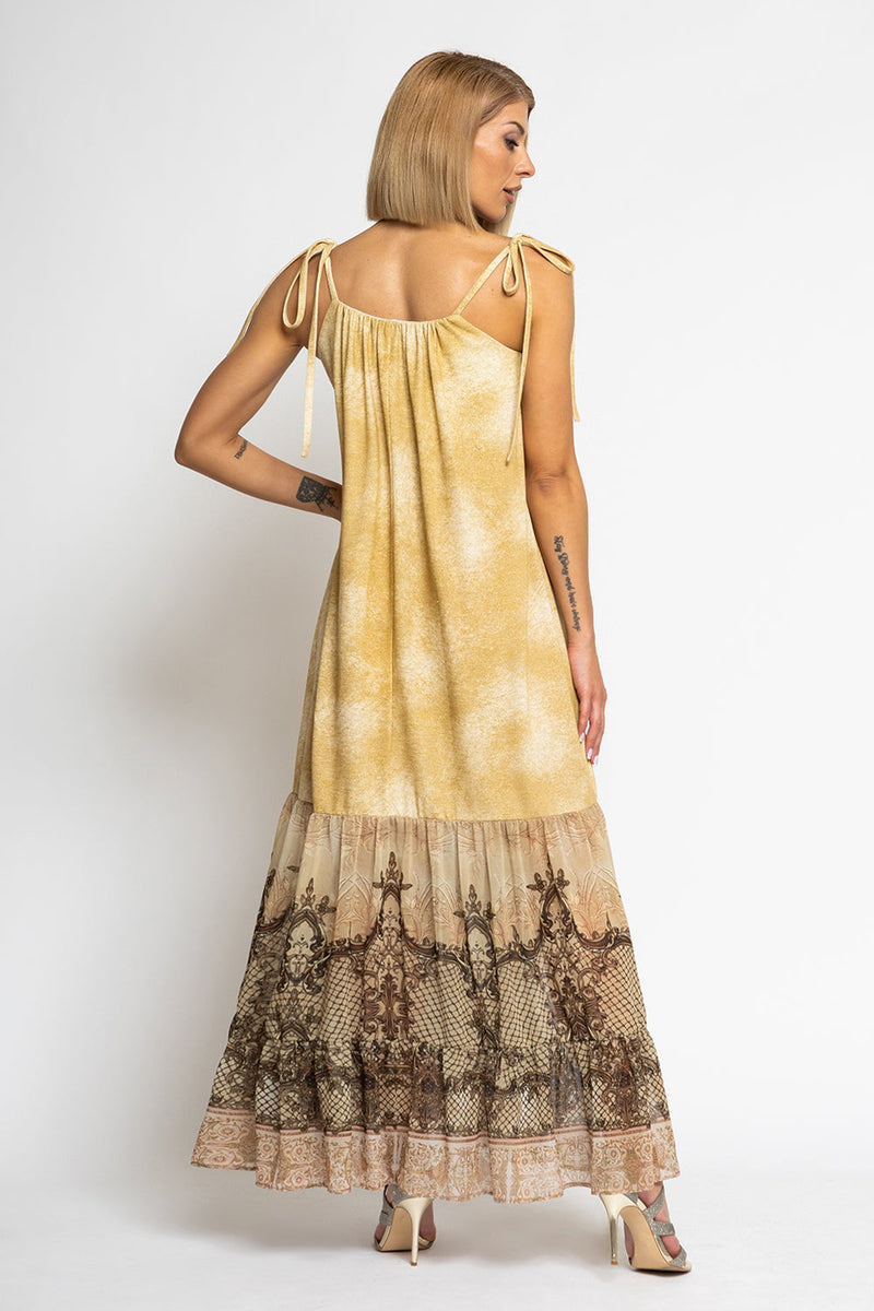 ABITO LUNGO IN COTONE CON ROUCHES IN CHIFFON - FIORI BAROCCO