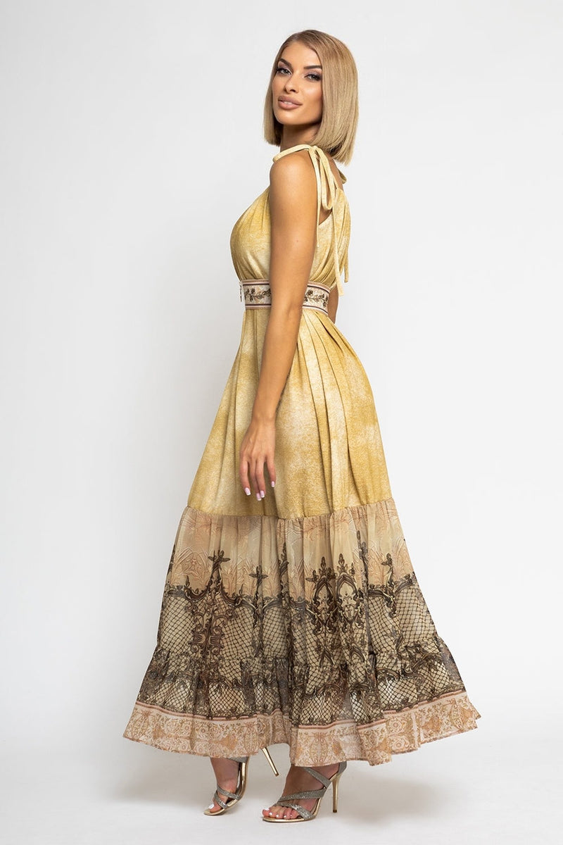 ABITO LUNGO IN COTONE CON ROUCHES IN CHIFFON - FIORI BAROCCO