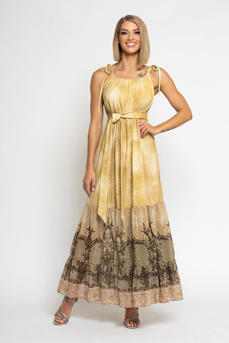 ABITO LUNGO IN COTONE CON ROUCHES IN CHIFFON - FIORI BAROCCO