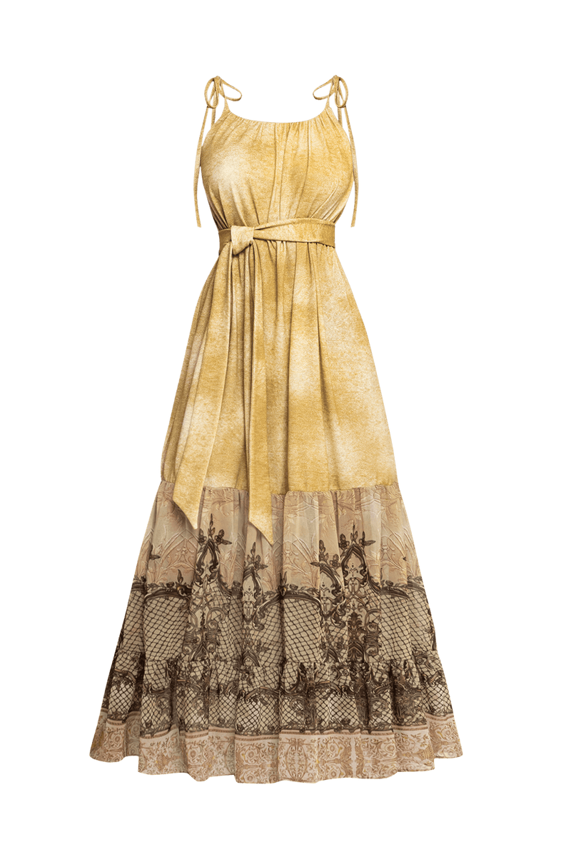 ABITO LUNGO IN COTONE CON ROUCHES IN CHIFFON - FIORI BAROCCO