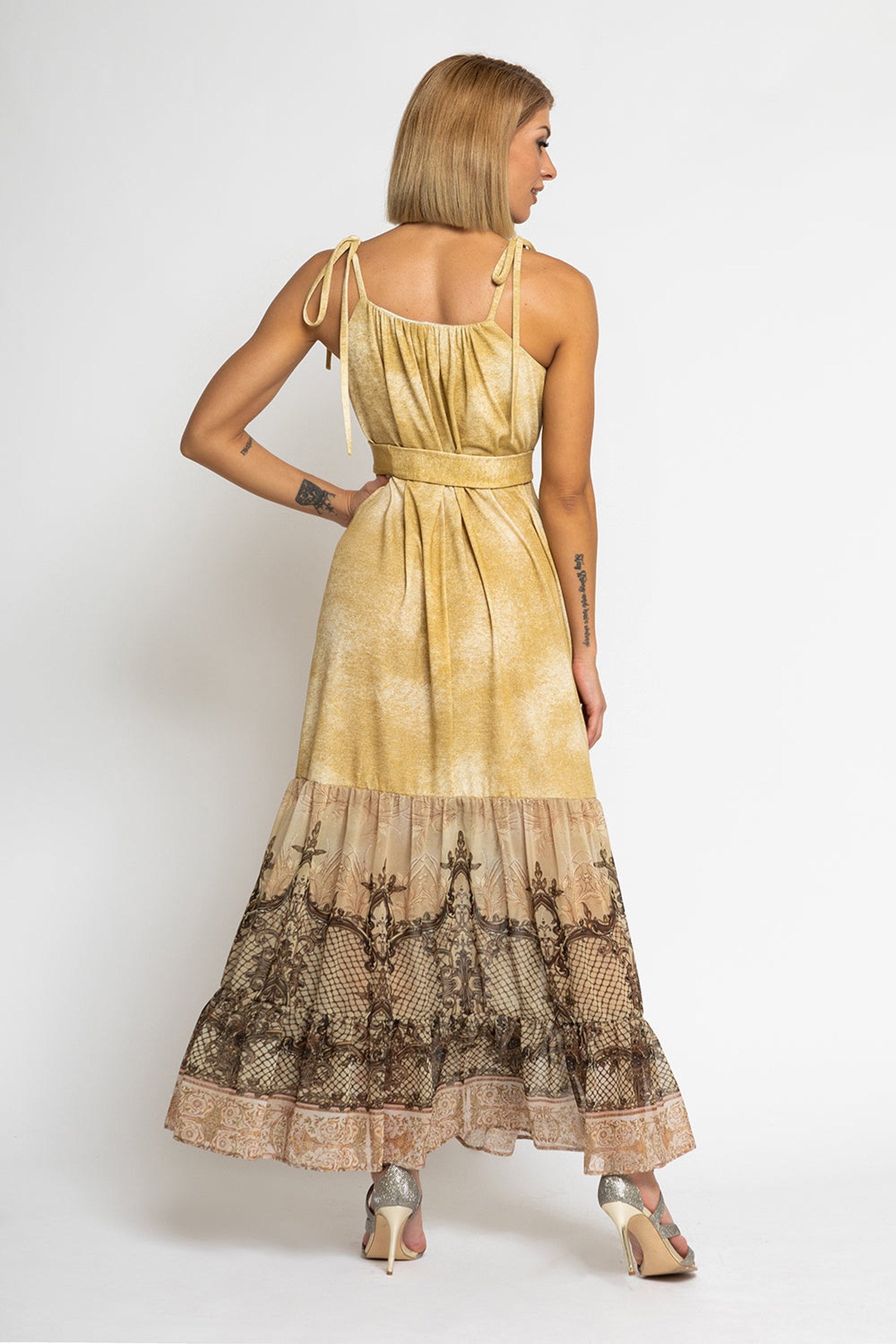 LONG COTTON DRESS WITH CHIFFON RUFFLES - BAROQUE FLOWERS