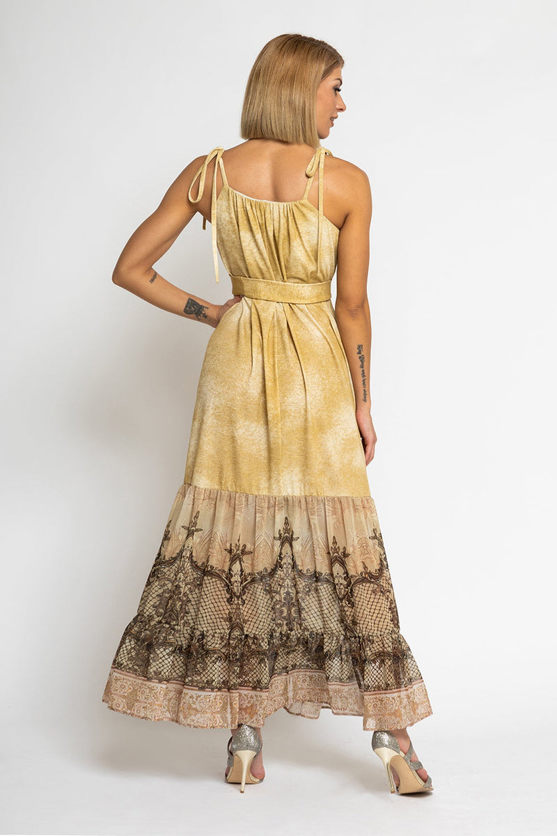 ABITO LUNGO IN COTONE CON ROUCHES IN CHIFFON - FIORI BAROCCO