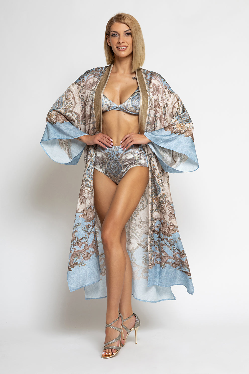 LUXURY SATIN VISCOSE KIMONO - PAISLEY SKY