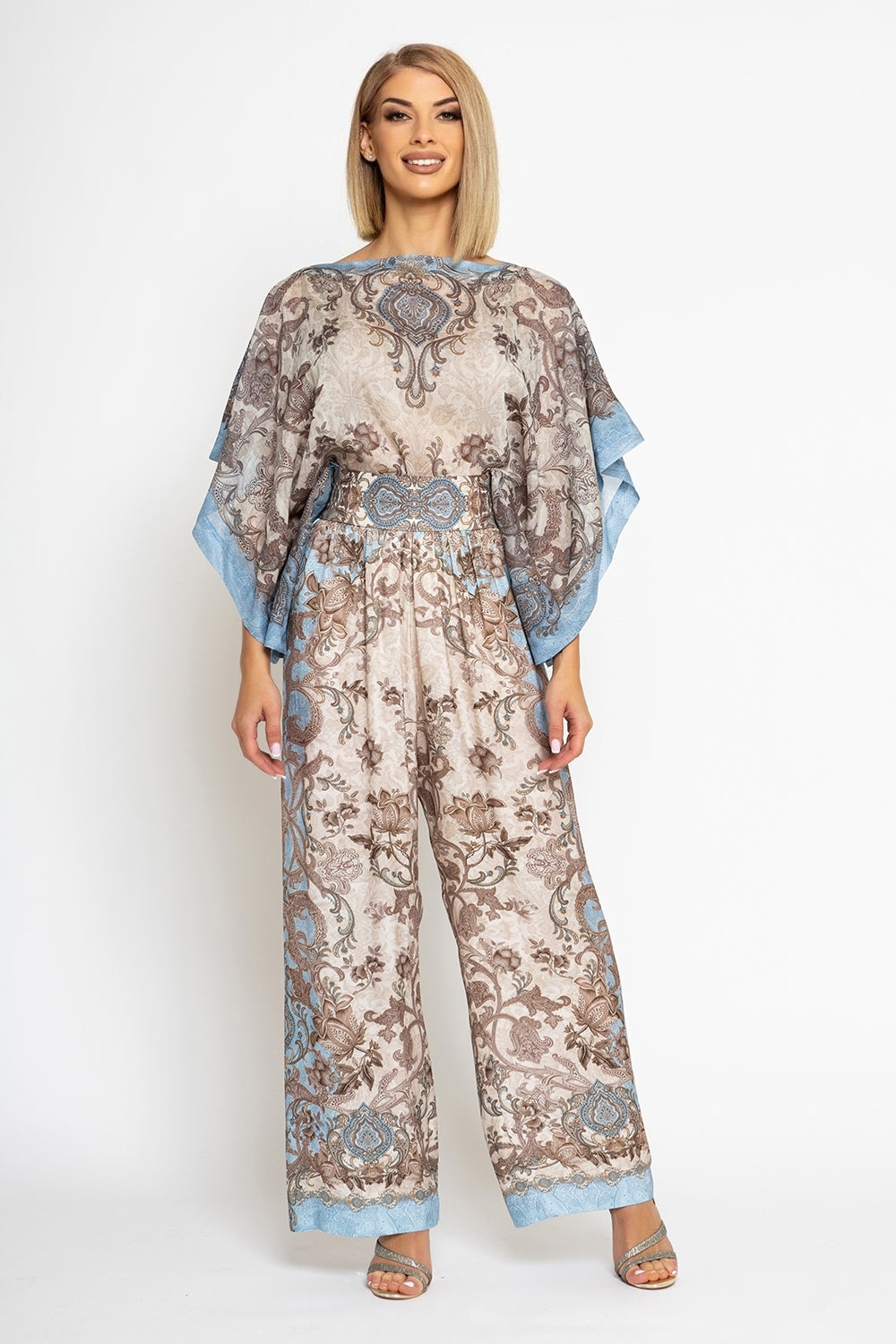 SATIN VISCOSE LOOSE FIT PANTS - PAISLEY SKY