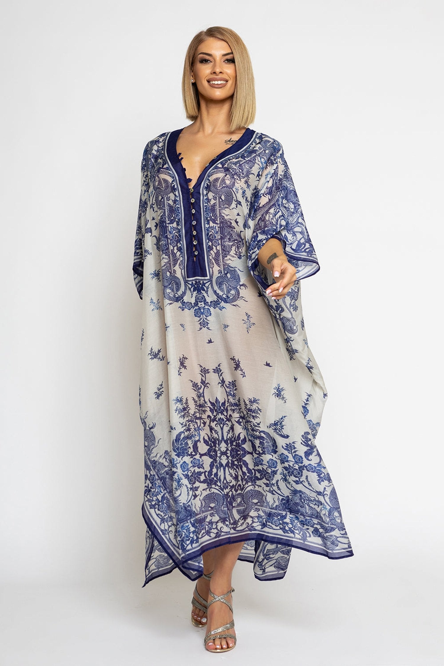 Hedvábně bavlněný kaftan - Asijská obloha
