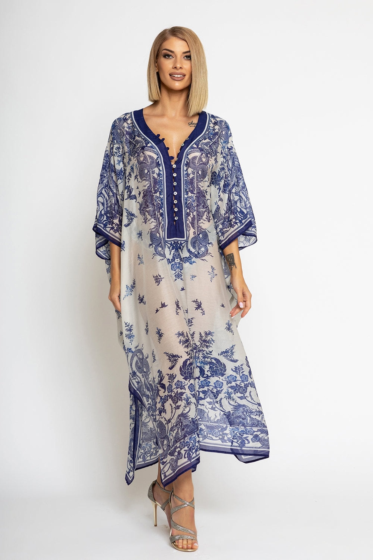 Hedvábně bavlněný kaftan - Asijská obloha