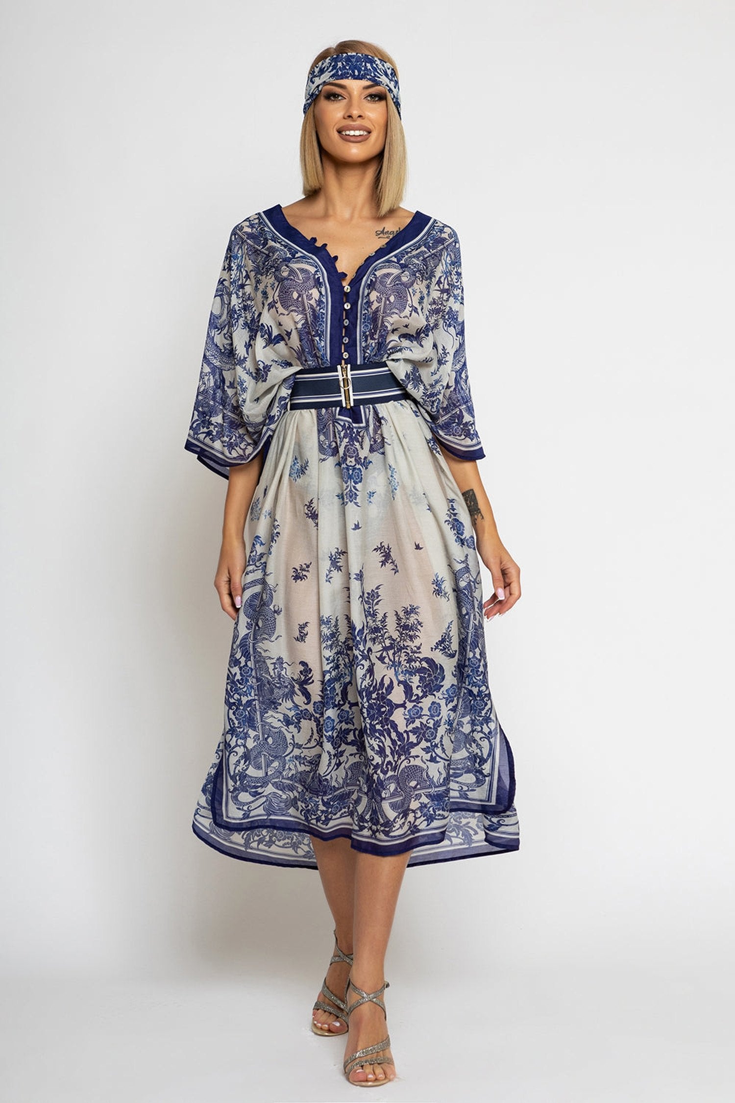 Hedvábně bavlněný kaftan - Asijská obloha