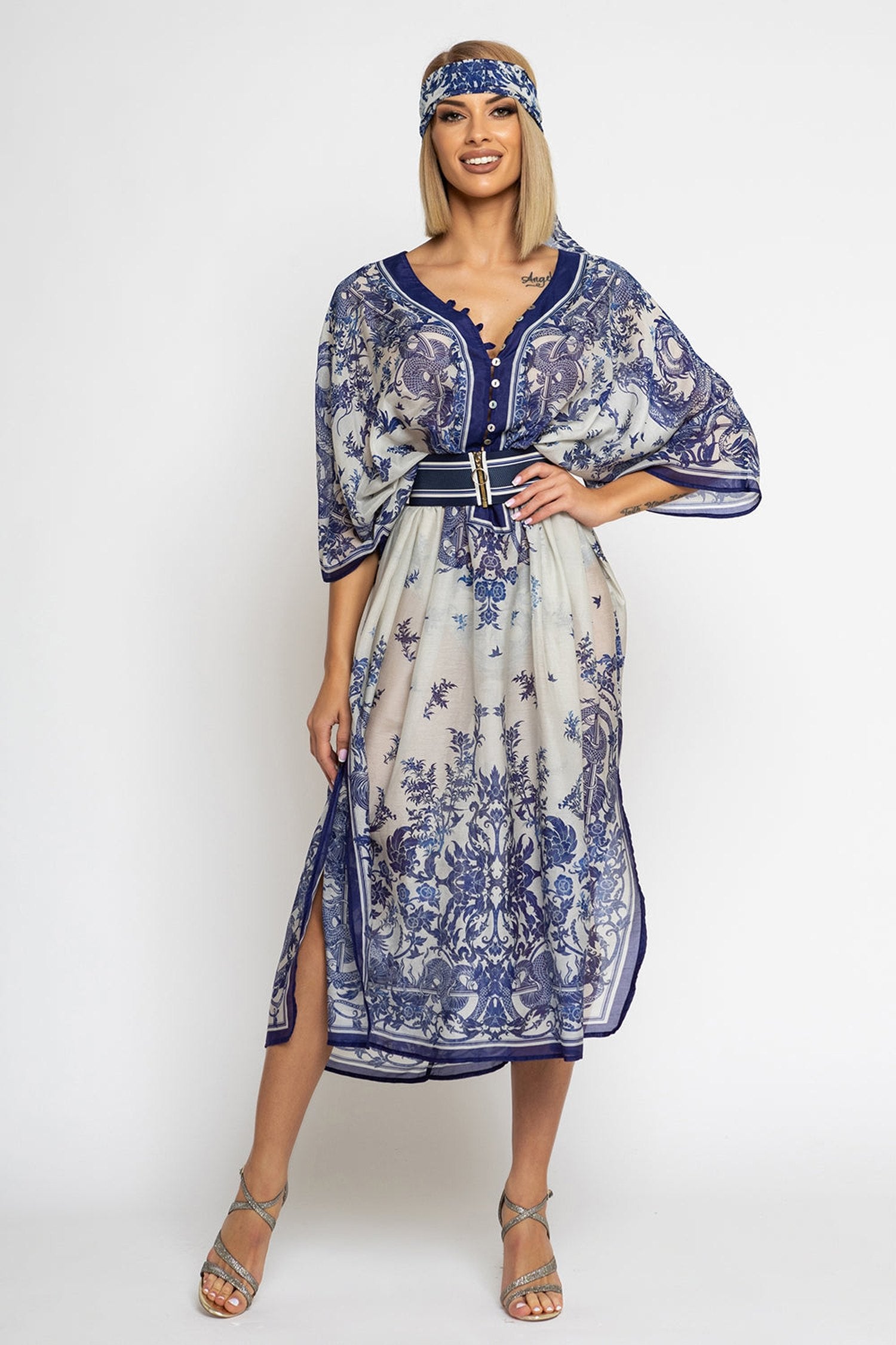 Hedvábně bavlněný kaftan - Asijská obloha