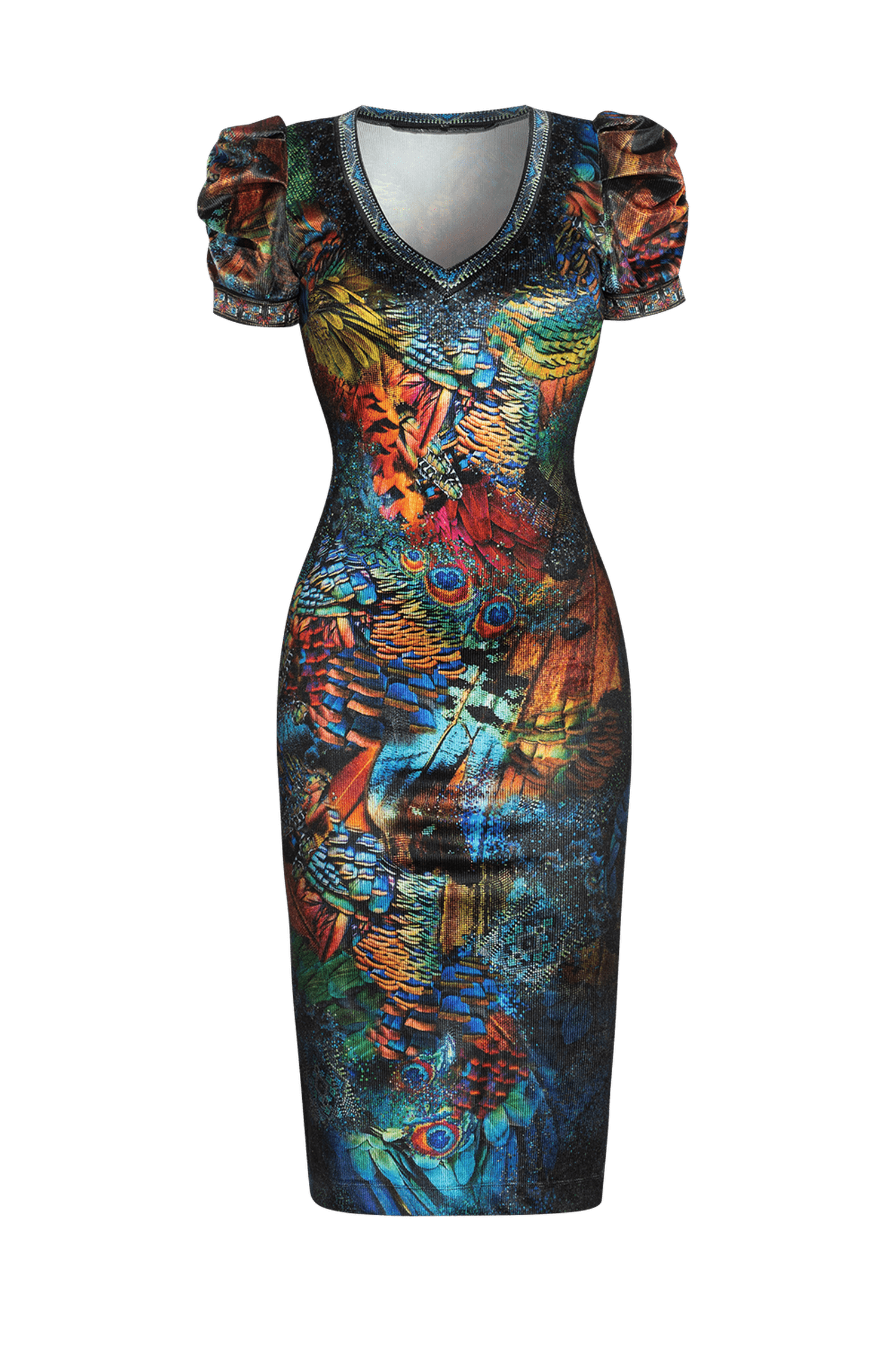 GERIPPTES SAMTKLEID MIT BALLONÄRMELN - AMAZONIA