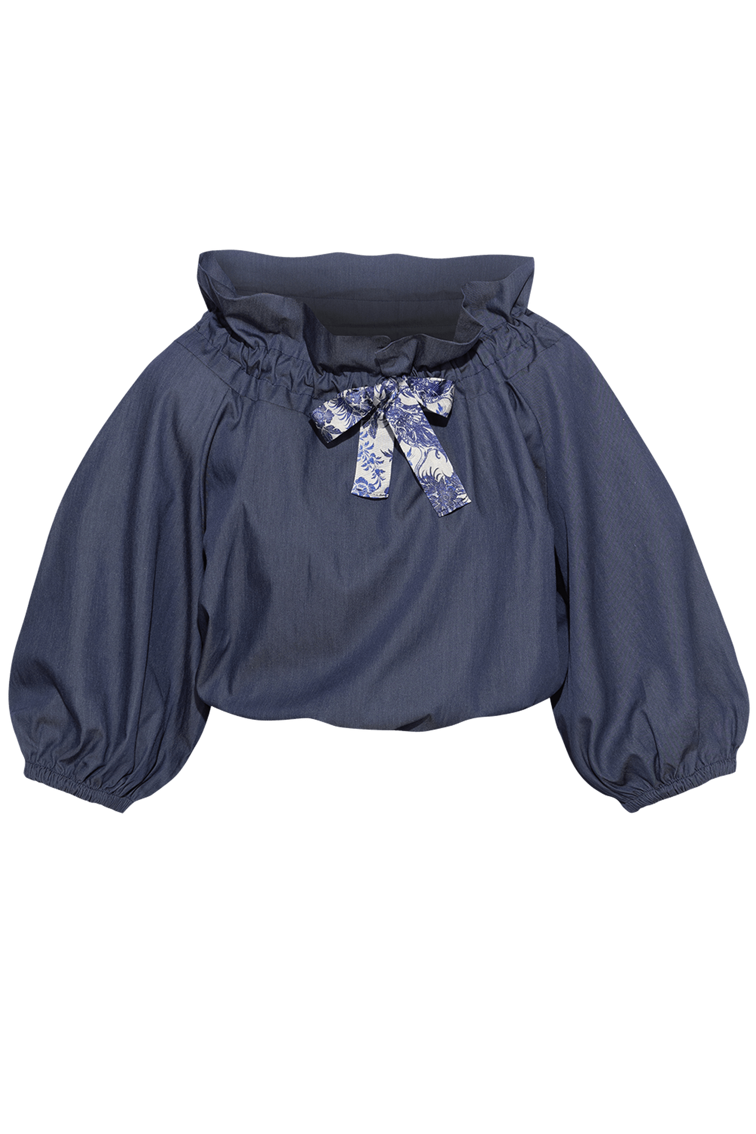 RUFFLED HIGH-NECK BLOUSE WITH PUFF SLEEVES - ASIA SKY