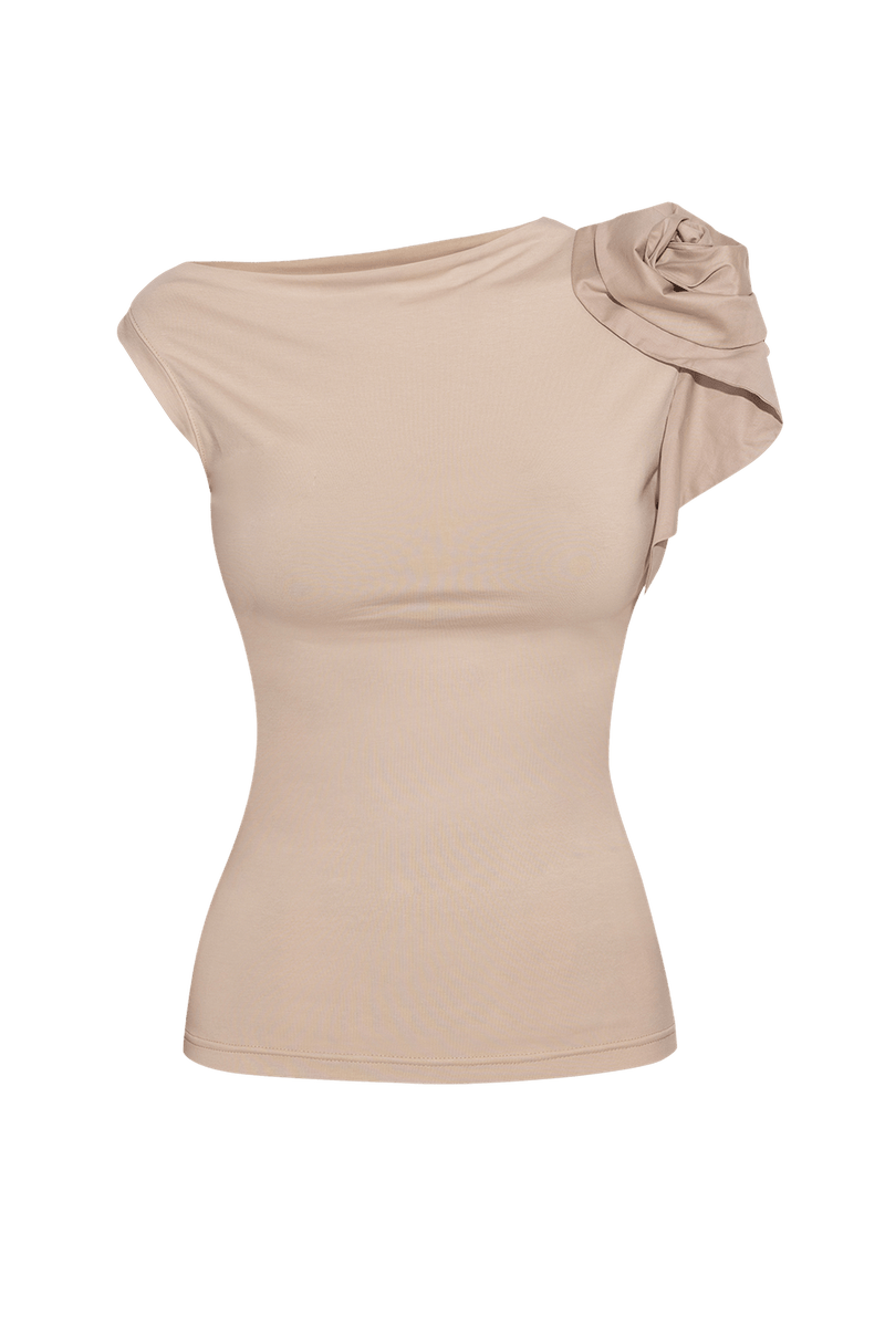 BLOUSE WITH ASYMMETRIC SHOULDER IN BEIGE - ESSENTIALS JIORO БЛУЗА С АСИМЕТРИЧНО РАМО В БЕЖОВО - ESSENTIALS JIORO