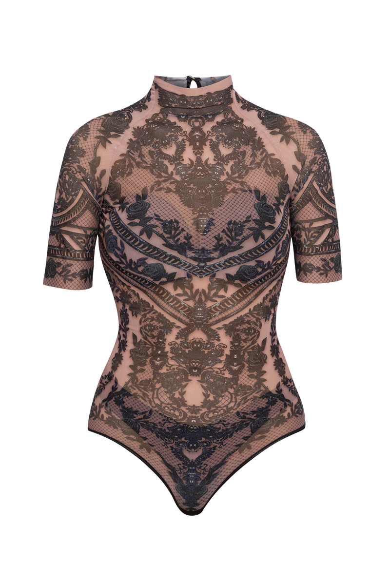 LINED SHORT SLEEVE MESH BODYSUIT - GRAFFITI POWDER