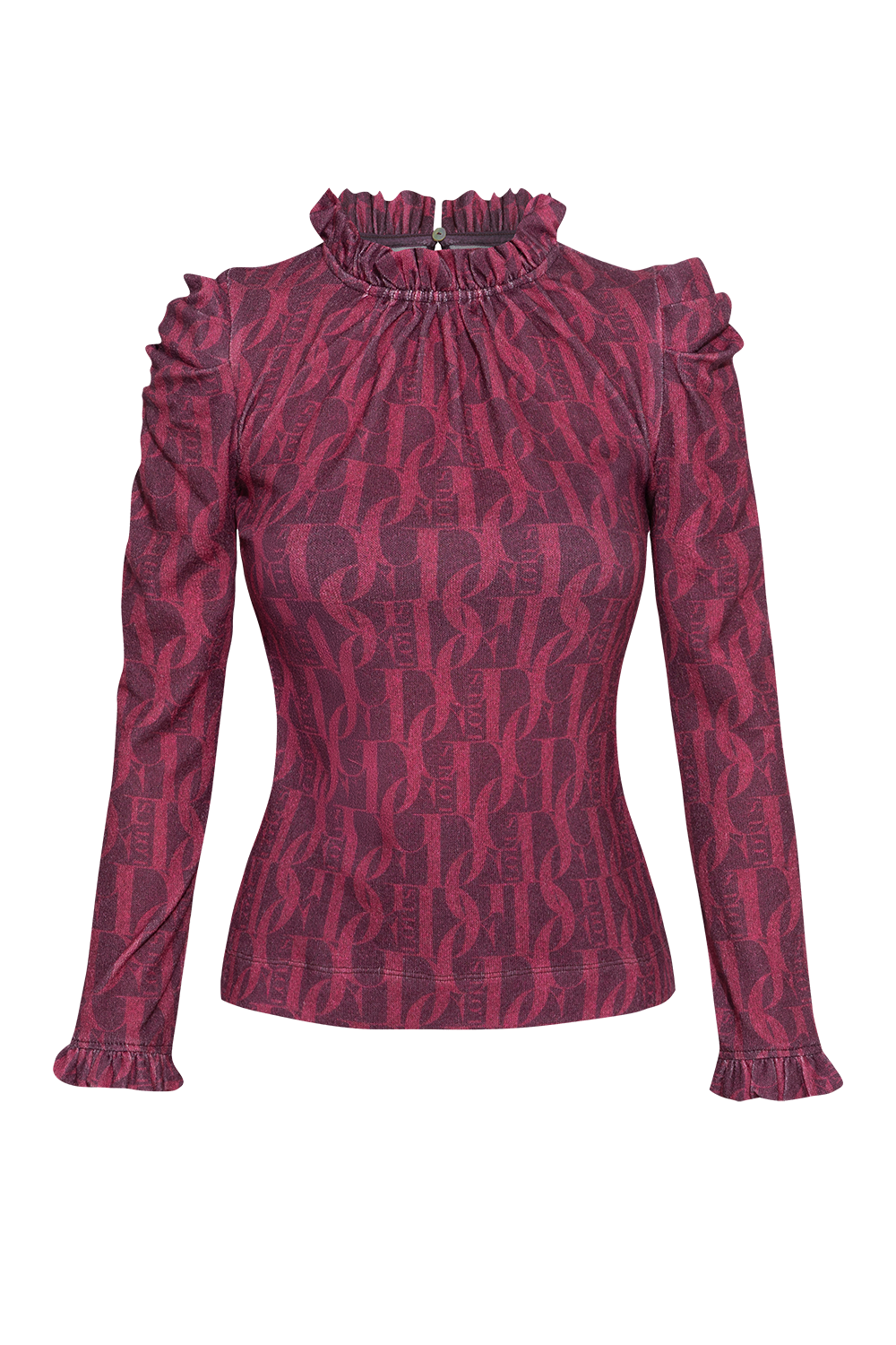 BLOUSE WITH GATHERED NECKLINE AND LOGO PRINT - BURGUNDY LOGO