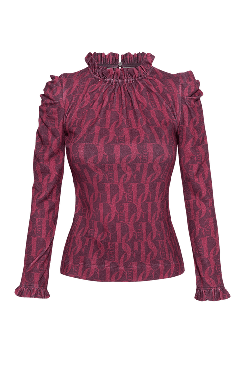 BLOUSE WITH GATHERED NECKLINE AND LOGO PRINT - BURGUNDY LOGO JIORO БЛУЗА ОТ ФИНО ПЛЕТИВО - BURGUNDY LOGO JIORO