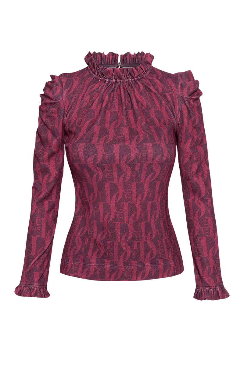 CAMICIA CON SCOLLO ARRICCIATO E STAMPA LOGO - LOGO COLOR BORGOGNA