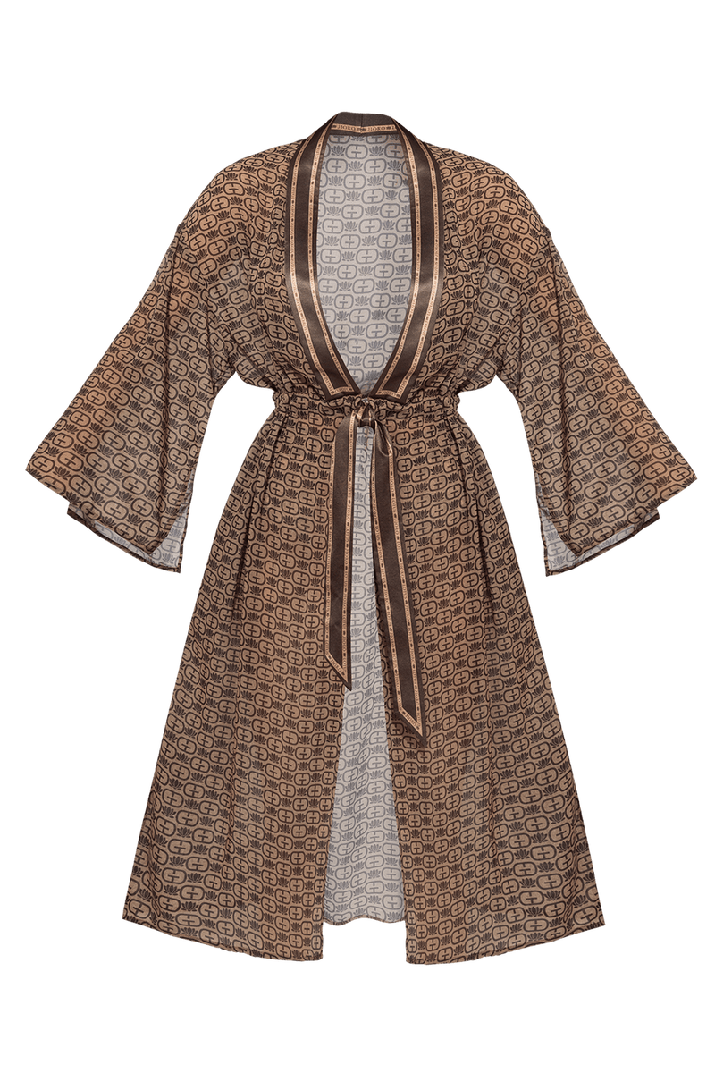 KIMONO WITH PLASTRON AND INTEGRATED BELT IN FRENCH CHIFFON - MOCHA MOUSSE LOGO JIORO КИМОНО С ПЛАСТРОН И ВГРАДЕН КОЛАН ОТ ФРЕНСКИ ШИФОН - MOCHA MOUSSE LOGO JIORO