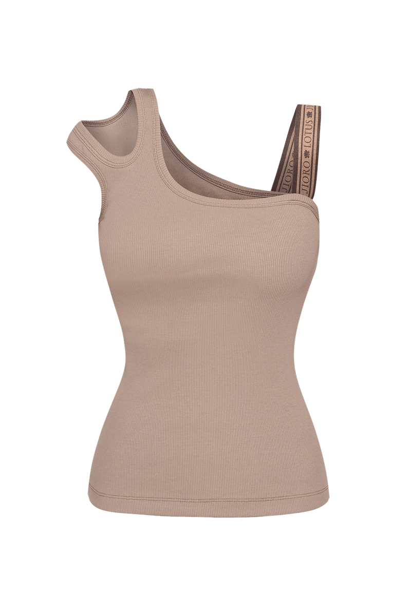ASYMMETRICAL RIBBED TANK TOP IN BEIGE WITH ELASTIC STRAP MOCHA MOUSSE LOGO - ESSENTIALS JIORO АСИМЕТРИЧЕН РИПСЕН ТОП В БЕЖОВО С ЛАСТИЧНА ПРЕЗРАМКА MOCHA MOUSSE LOGO - ESSENTIALS JIORO