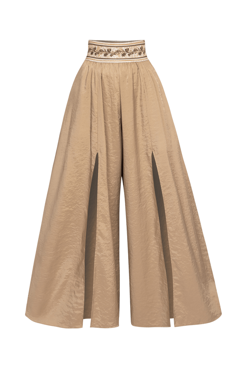 HIGH-WAISTED PANTS CUPRO TOUCH WITH SLITS IN BEIGE - ESSENTIALS JIORO ПАНТАЛОН В БЕЖОВО С ВИСОКА ТАЛИЯ, КУПРО УСЕЩАНЕ И ЦЕПКИ – ESSENTIALS JIORO