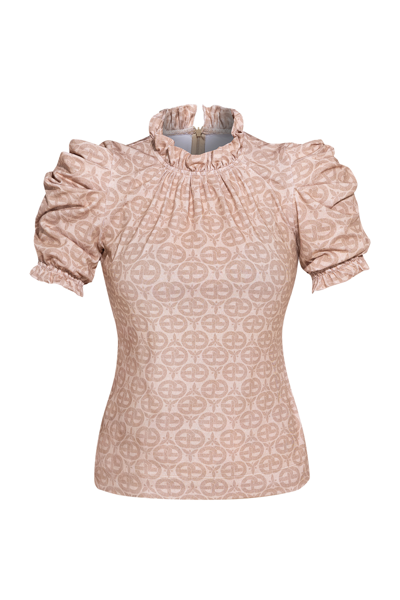BLOUSE WITH RUFFLES - IVORY LOGO JIORO БЛУЗА С ЛОГО ПРИНТ И НАБОРИ - IVORY LOGO JIORO 