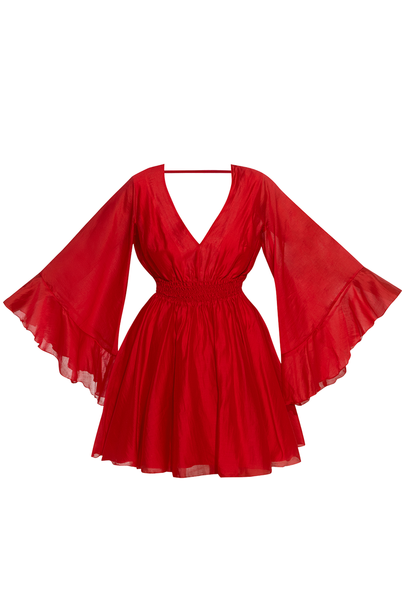 SHORT TENCEL DRESS WITH WIDE SLEEVES IN RED - ESSENTIALS JIORO КЪСА БОХО РОКЛЯ ОТ ТЕНСЕЛ С ГОЛ ГРЪБ В ЧЕРВЕНО - ESSENTIALS JIORO