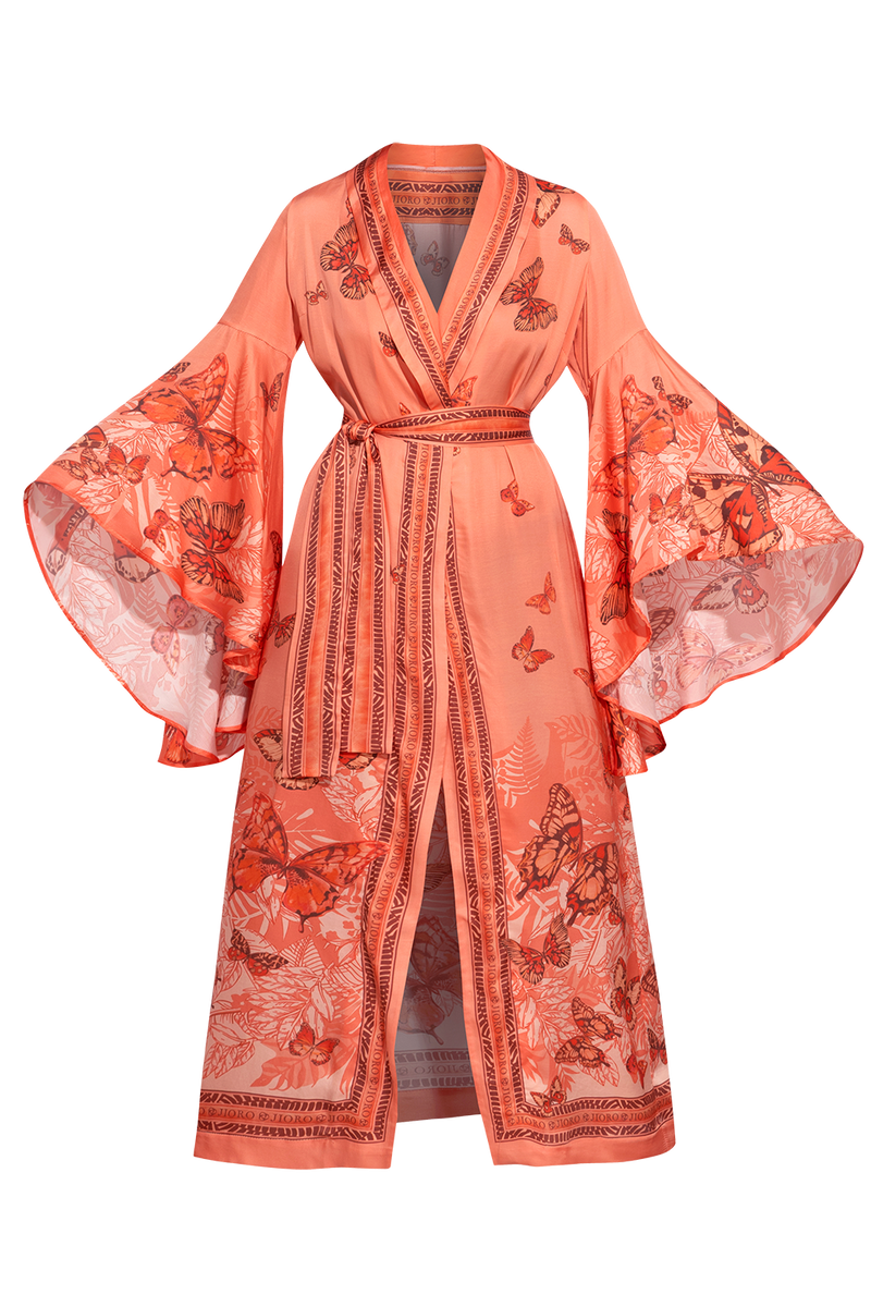 VISCOSE KIMONO WITH DRAPED BACK AND SHAWL COLLAR - PAPAYA BUTTERFLIES