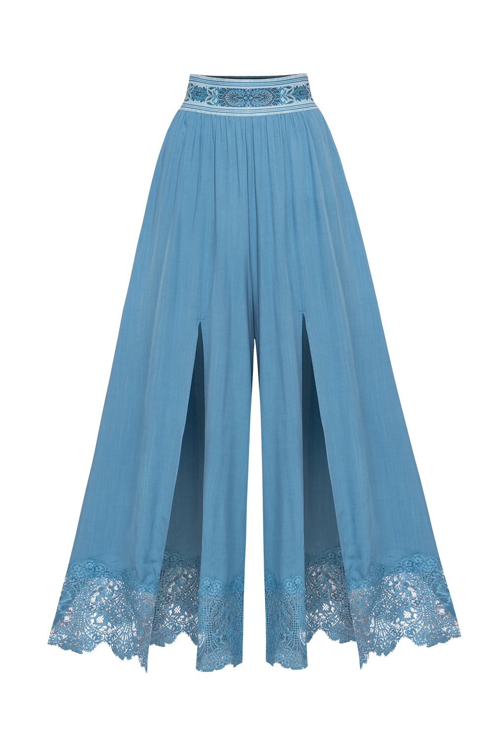 SKY BLUE VISCOSE PANTS WITH SLITS AND LACE TRIM - ESSENTIALS