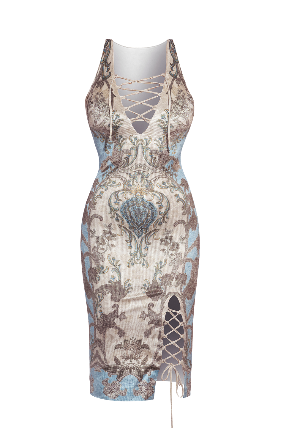 FITTED RIBBED VELVET DRESS WITH V-NECKLINE - PAISLEY SKY