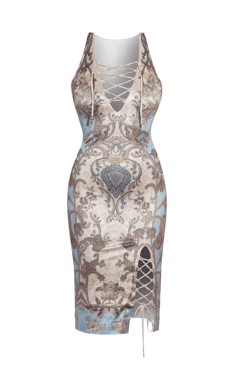 FITTED RIBBED VELVET DRESS WITH V-NECKLINE - PAISLEY SKY JIORO ВТАЛЕНА РОКЛЯ ОТ РИПСЕНО КАДИФЕ С V-ДЕКОЛТЕ - PAISLEY SKY JIORO